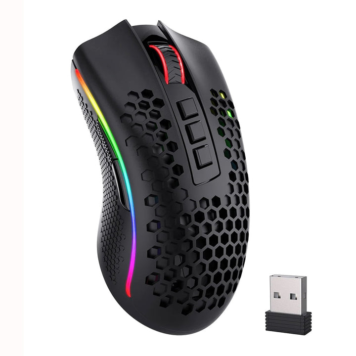 Black gaming mouse with RGB lighting and USB receiver on a white background