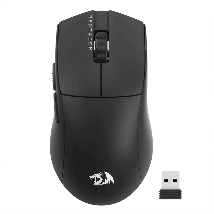 A black wireless gaming mouse with an ergonomic design and a small USB receiver.