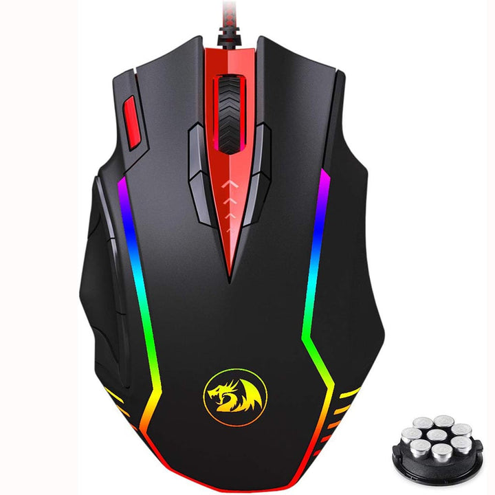 Gaming mouse with rainbow LED lighting and additional buttons on a white background