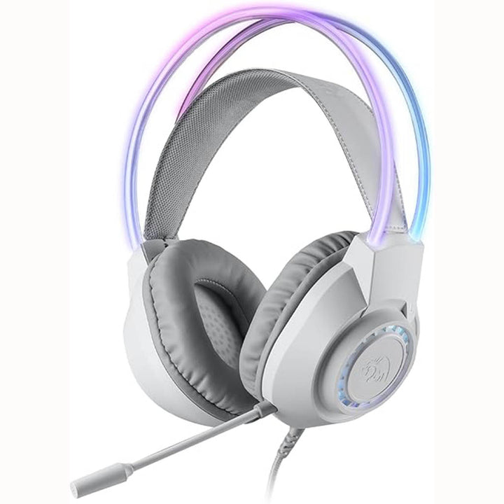 Gray gaming headset with colorful LED lights on a white background