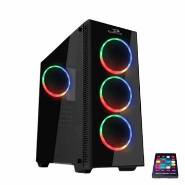 Computer case with RGB lighting and a remote control.