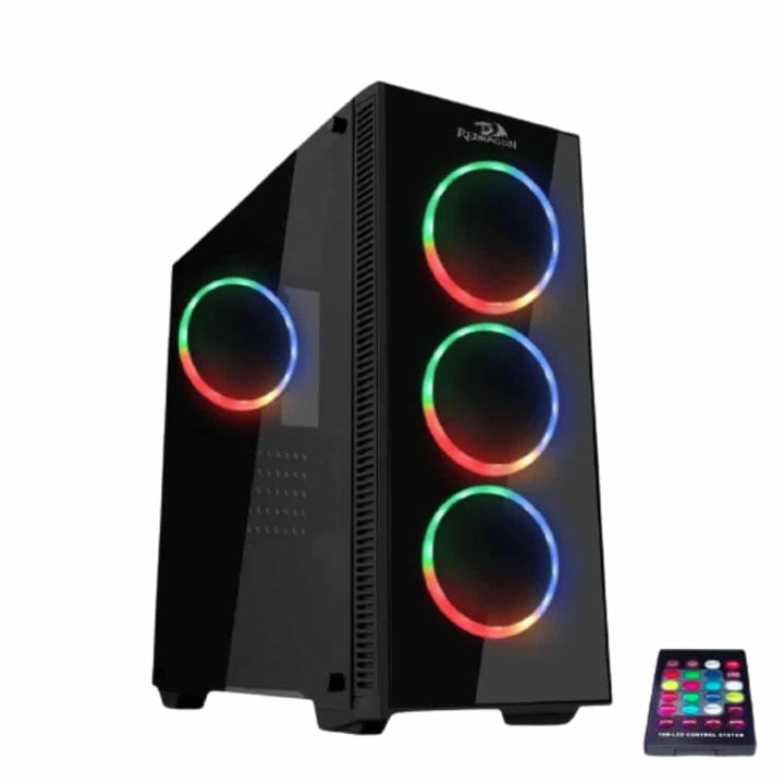 Computer case with RGB lighting and a remote control.