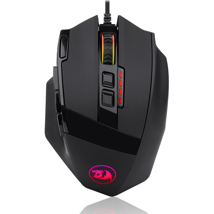 Black gaming mouse with a visible brand logo on a white background