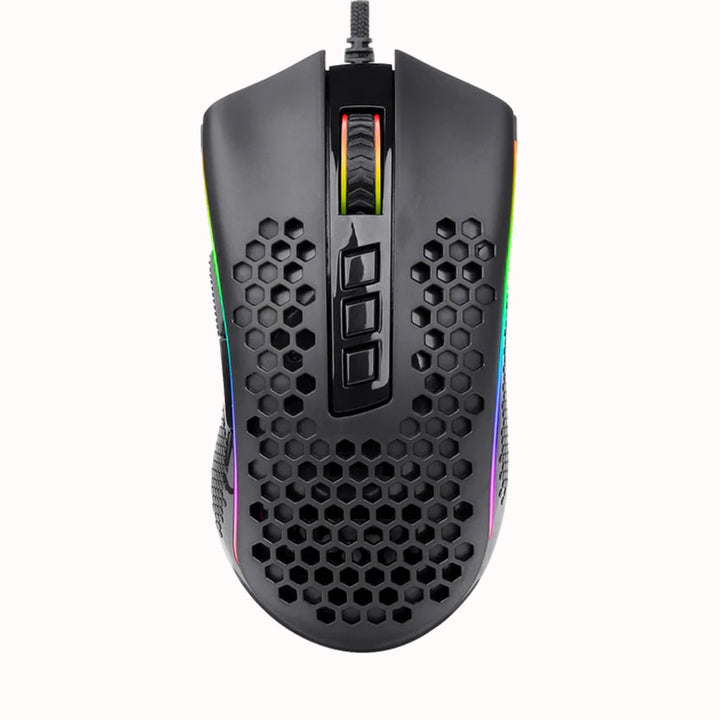 Gaming mouse with honeycomb design on a white background