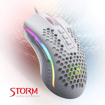 Gray gaming mouse with RGB lighting on a white background, featuring the brand 'STORM'.