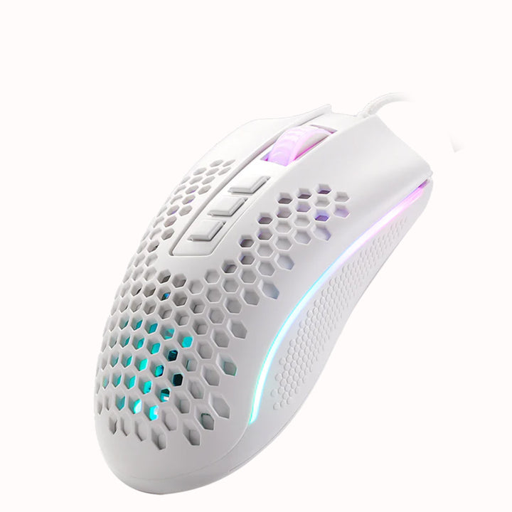 White gaming mouse with RGB lighting on a white background