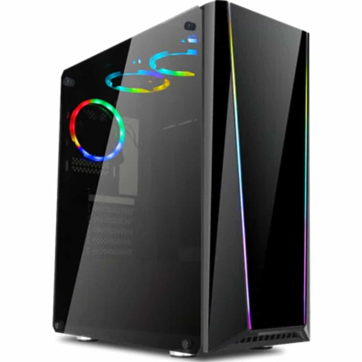Black PC case with RGB lighting.