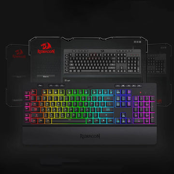 Redragon K512 Shiva membrane keyboard highlights, including programmable macros and customizable RGB lighting controlled via software