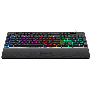 Redragon K512 Shiva RGB membrane gaming keyboard in black with a full layout, illuminated keys, and ergonomic wrist rest