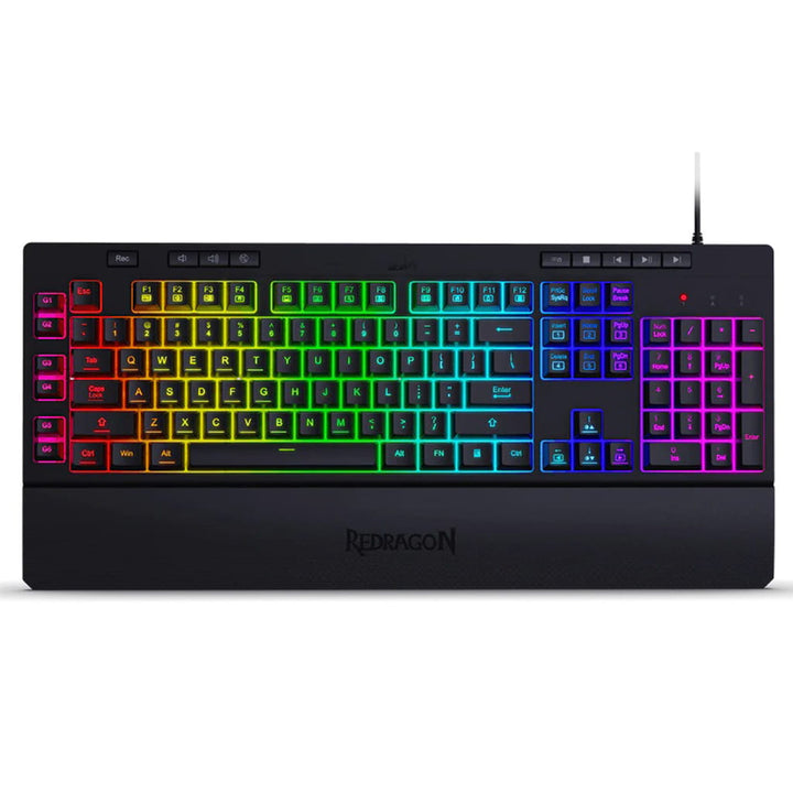 Redragon K512 Shiva RGB membrane gaming keyboard (black, full-size) with vibrant rainbow backlighting across all keys