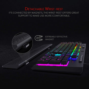 Redragon K512 Shiva RGB membrane gaming keyboard (black) with a detachable magnetic wrist rest for comfort and support