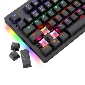 T-Dagger Bermuda T-TGK312 Mechanical Gaming Keyboard showing several keycaps are removed, revealing blue switches underneath