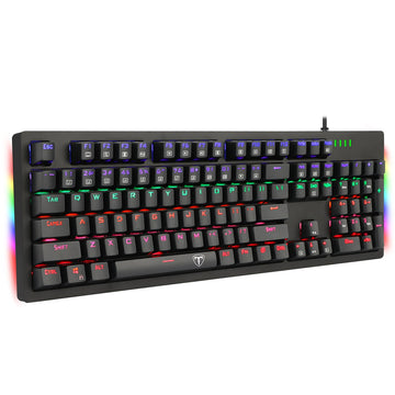Angled view of T-Dagger Bermuda T-TGK312 Keyboard with RGB backlit keys, featuring vibrant colors like purple, green & red