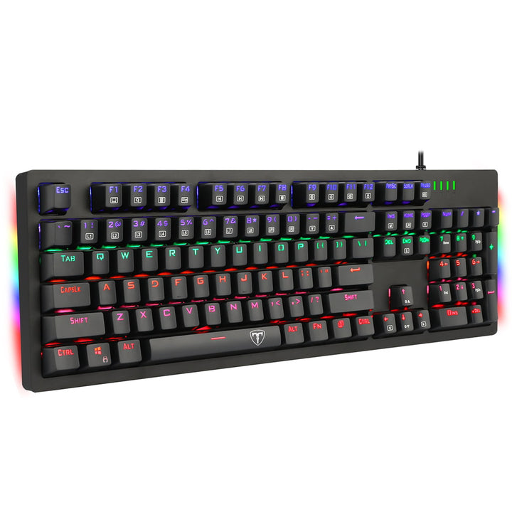 Angled view of T-Dagger Bermuda T-TGK312 Keyboard with RGB backlit keys, featuring vibrant colors like purple, green & red