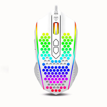 T-Dagger T-TGM310 white has honeycomb shell design with visible internal components illuminated by vibrant RGB lighting