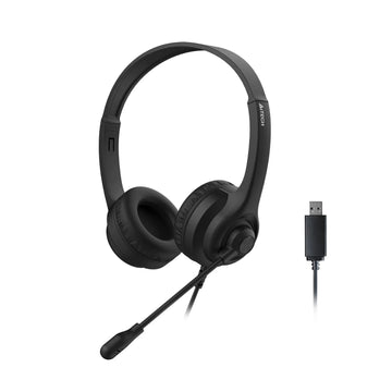 Black headset with USB cable on a white background