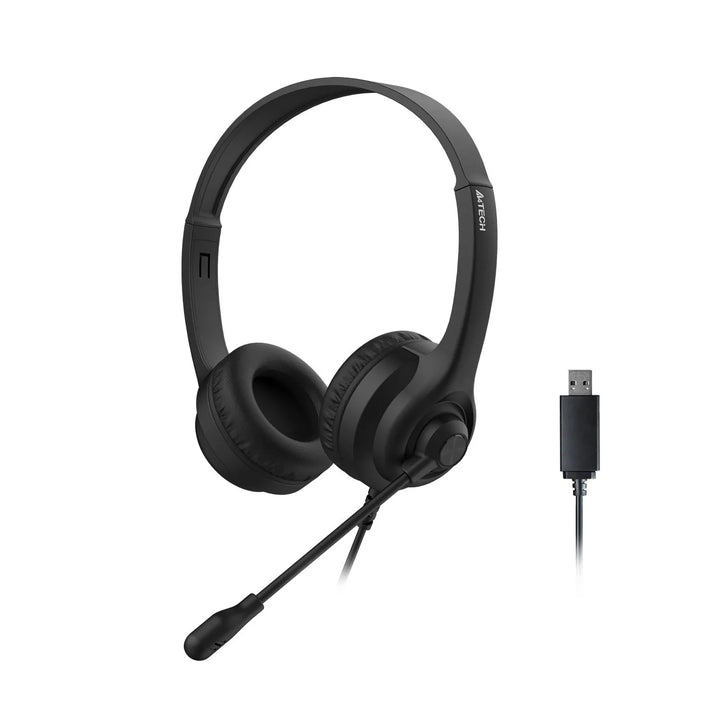 Black headset with USB cable on a white background