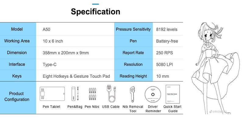 VEIKK A50 Graphic Drawing Tablet Drawing 10x6 inch for beginner with 8 express keys and P002 stylus no batteries and charging
